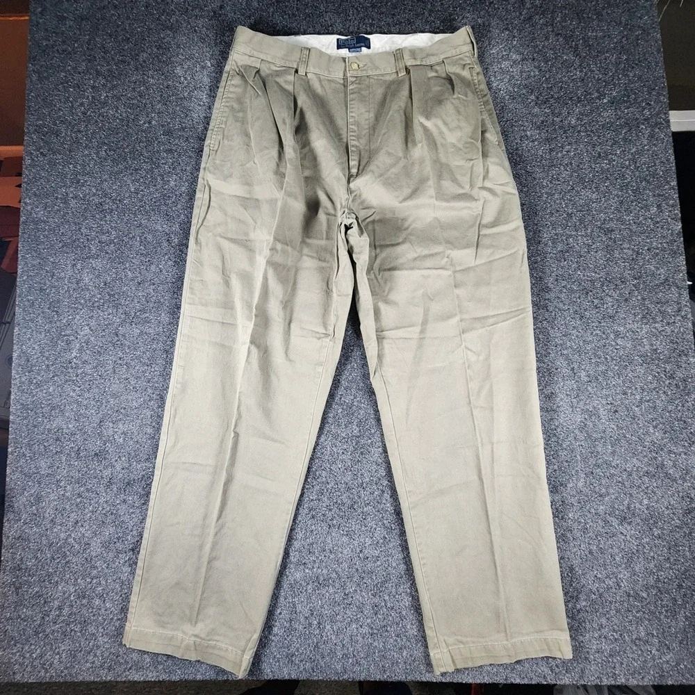 Polo Ralph Lauren Andrew Pant Mens 38x32 Khaki Olive Brown Pleated Chino‎ Pants